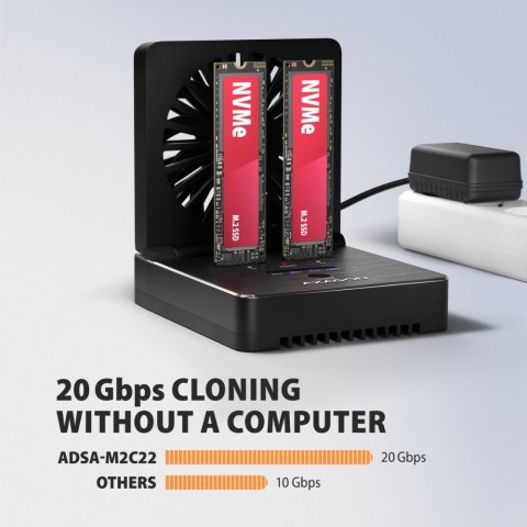 ADSA-M2C22 Stacja dokująca USB4 dla 2x M.2 NVMe SSD z funkcją klonowania dysków bez komputera, z wentylatorem chłodzącym