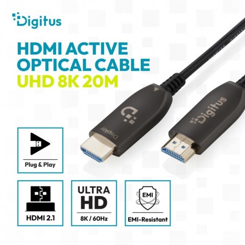 Kabel połączeniowy hybrydowy HDMI AOC | HDMI-A męski-męski | HDMI 2.1 | UHD-2 8K@60Hz | 48Gbps |HDR, eARC, HDCP 2.2, CEC | 20m