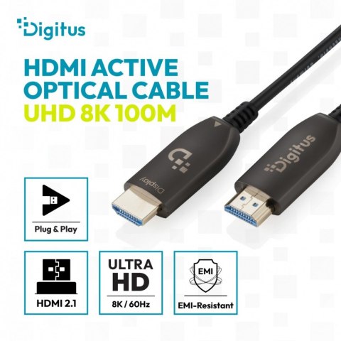 Kabel połączeniowy hybrydowy HDMI AOC | HDMI-A męski-męski | HDMI 2.1 | UHD-2 8K@60Hz | 48Gbps |HDR, eARC, HDCP 2.2, CEC | 100m